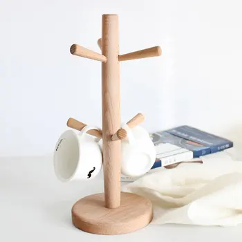 

Tree Shape Wood Coffee Tea Cup Storage Holder Stand Home Kitchen Mug Hanging Display Rack Drinkware Shelf with 6 Hooks