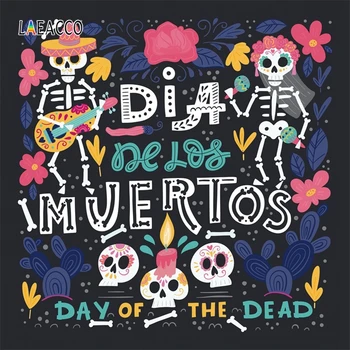 

Laeacco Day of the Dead Photophone Music Party Photography Backdrops Skeleton Cactus Flowers Candle Photo Backgrounds Photozone
