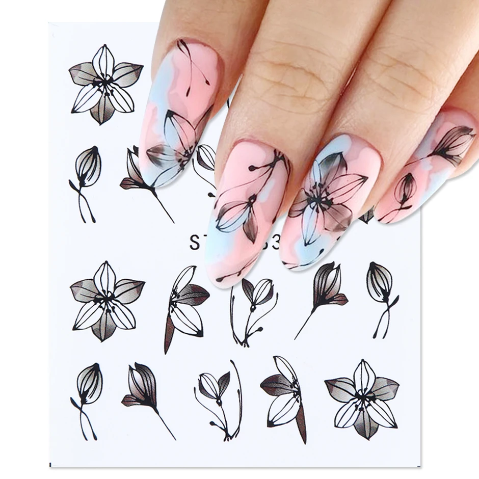 1 шт черные наклейки с цветами на ногти листья цветочные сверкающие ногти художественные украшения Водные Наклейки слайдер маникюр Дизайн CHSTZ880-901 - Цвет: STZ883