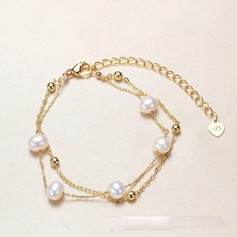 

Baroque Fashion Women Wedding Gold Plated Double Chain Bracelet Fashion Round Bead Heart Pendant Bracelet Lady Party Jewelry