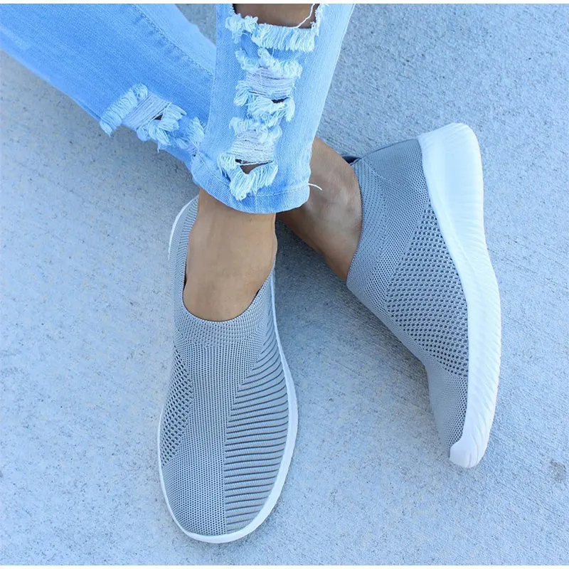 Women Sneaker Air Mesh Soft Female Knitted Vulcanized Shoes Casual Slip On Ladies Flat Shoes Walking Footwear Dropping Shipping