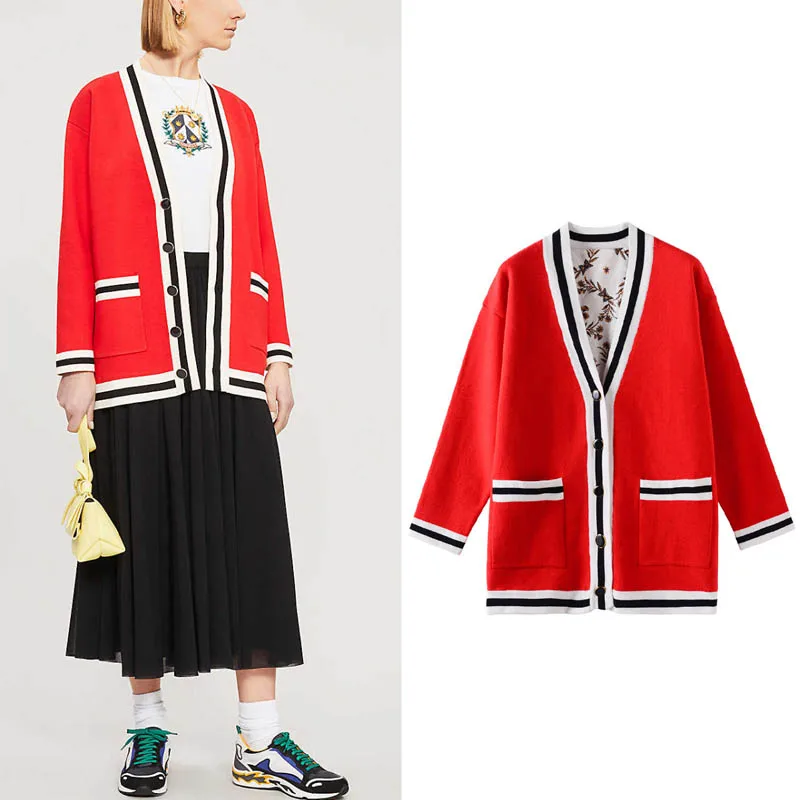 MYDC Designer Clothing 2019 New Office Lady V-neck Striped Women Full Sleeve Fashion Printing Single Breasted Knit Cardigan |