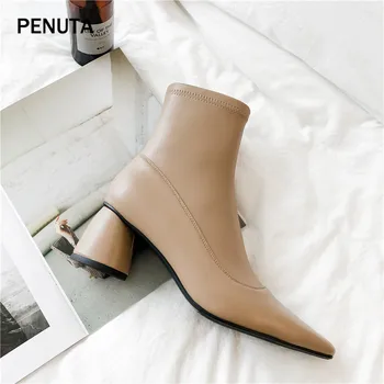 

2019 PENUTA Stretch Ankle Boots Fashion Women High Heel Boots Genuine Leather Boots Pointed Toe European Shoes Autumn PD970