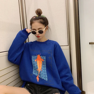 Синий Женские кофты японский Harajuku Ulzzang Koi с длинным рукавом свободный свитер женский корейский кавайный милый одежда для женщин - Цвет: Синий