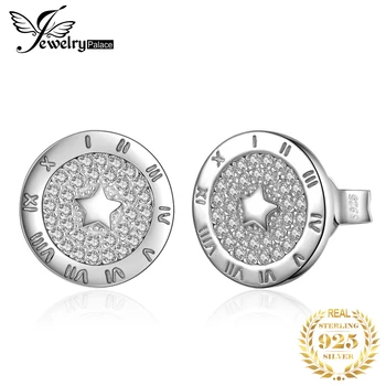 

JewelryPalace Round Cubic Zirconia Star Circular Etched Roman Numeral Stud Earrings 925 Sterling Silver Earrings Women Jewelry