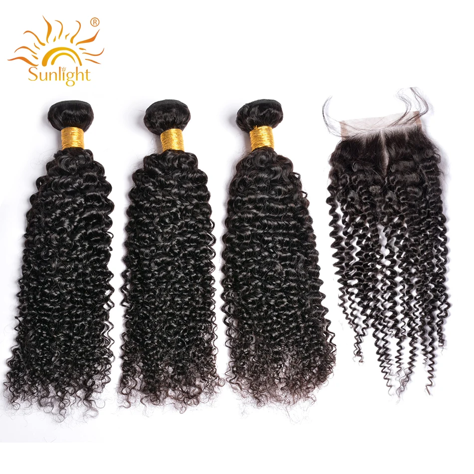 

Mongolian Kinky Curly Bundles With Closure 100% Remy Human Hair Bundles With Closure Sunlight 3/4 PCS Hair Extension & Closure