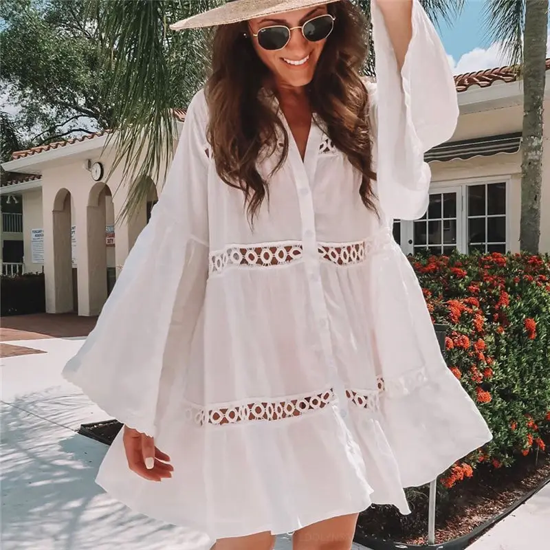 Women Swimsuit Cover Ups Mandarin Sleeve Kaftan Beach Tunic Dress Robe De Plage Solid White Pareo Beach Cover-ups #Q429 swim suit cover