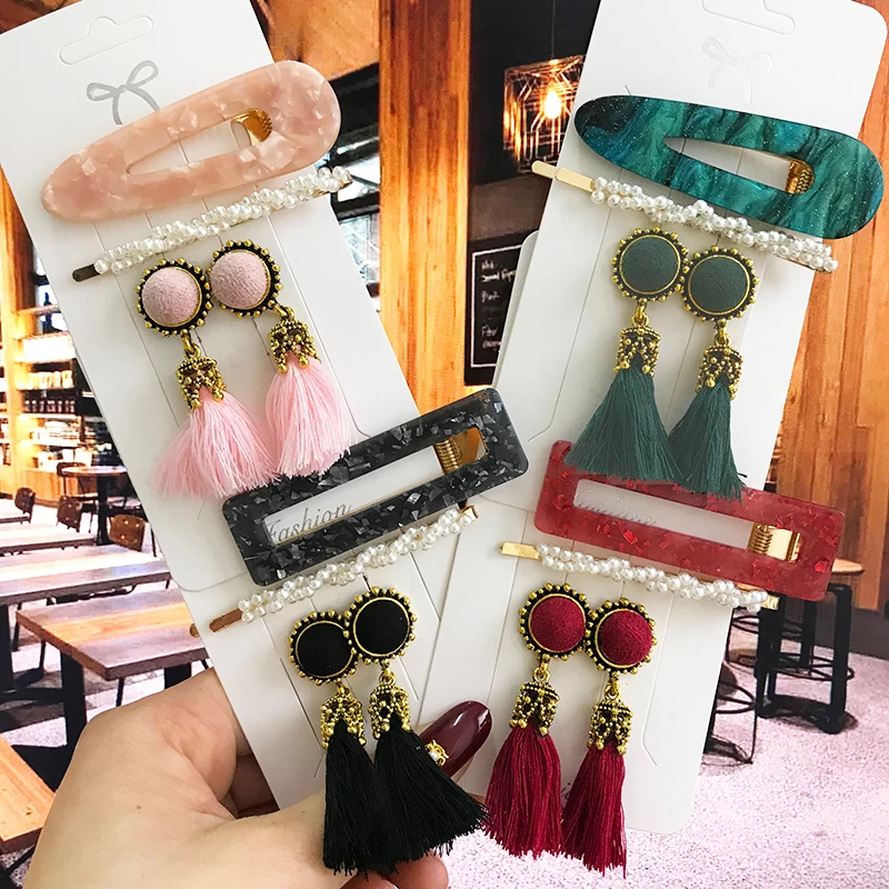 Fashion Earrings Set Pearl Hair Clips Barrettes and Tassel Earring For Women Acrylic Hairpins Sweet Girls Hair Accessories 2020