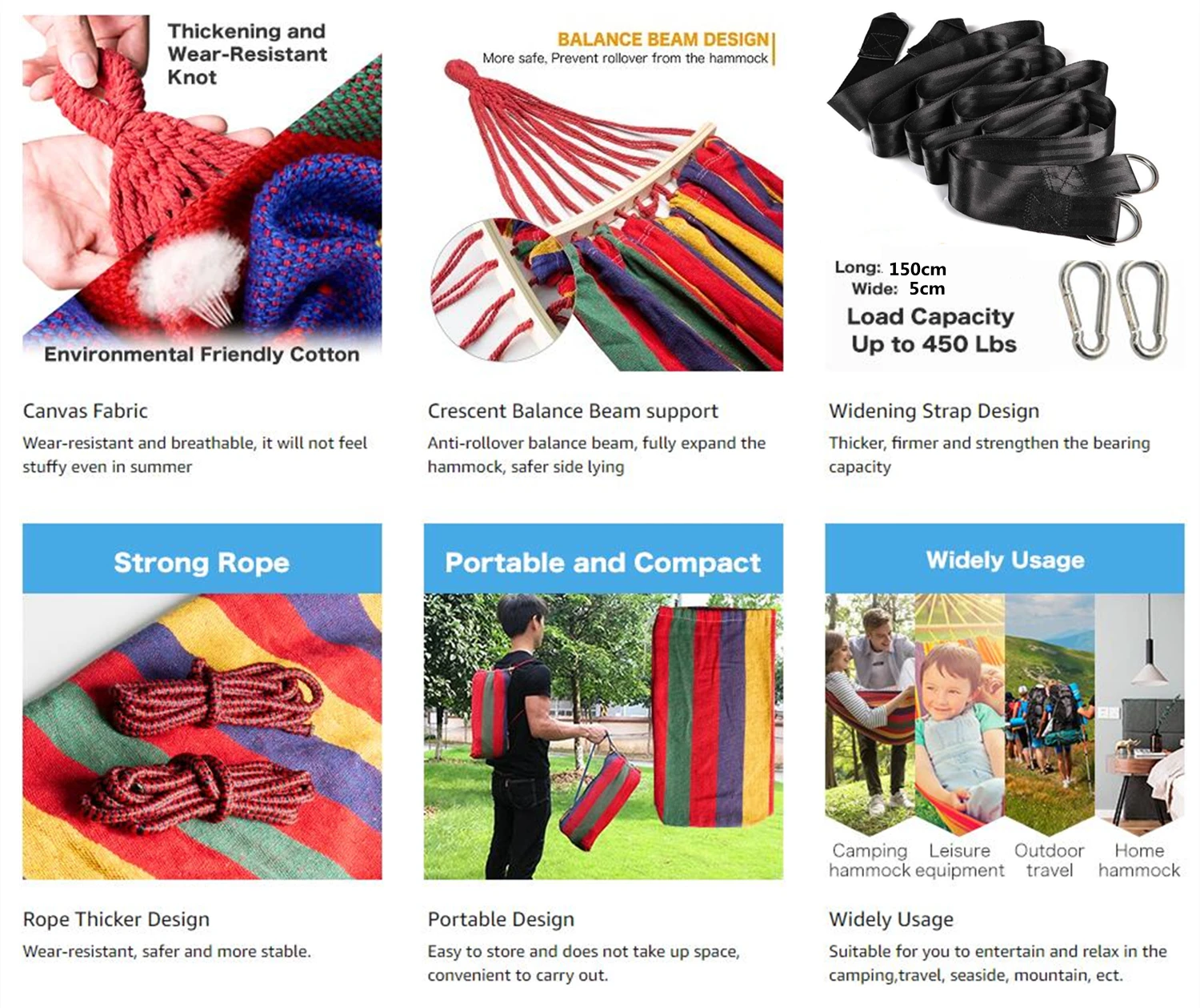 Outdoor Hammock Portable Garden Hammock Sports Home Travel Camping Swing Canvas Stripe Hang Bed Hammock Double Single People