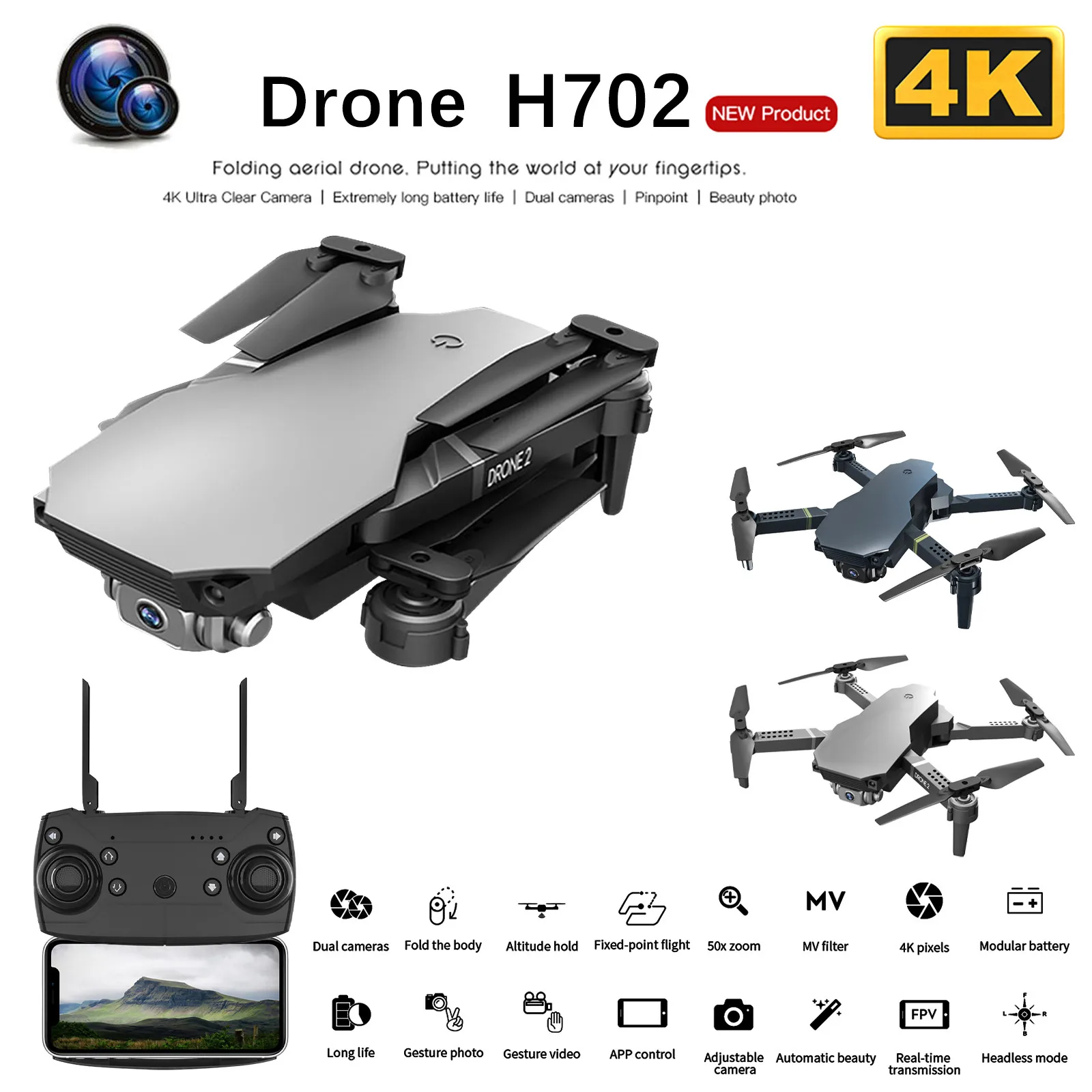 4k Hd камера Gps Профессиональный Дрон Wi-Fi Fpv пневматический датчик высоты H702 Новый