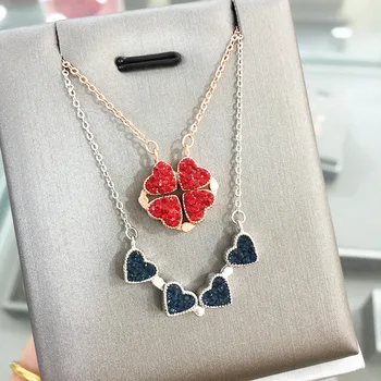 

S925 Pure Silver Blue Red Two-sided Love Magnet Open Necklace Chain Necklace For Women Girls Gift Silver Rose Gold Colorr