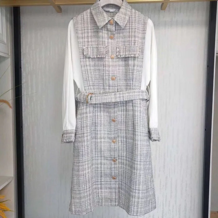 

A Generation of Tassels Lace-up Waist Hugging Mock Two-Piece Tweed Long-sleeved Dress Women's 19540 Entities