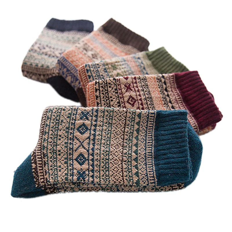 

5 Pair Men's Retro National Style Fashion Sweat-absorbent Breathable Socks Winter Wool Cotton Thickened Warm Medium Tube Socks