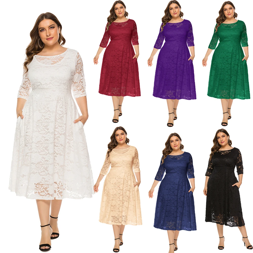 Plus Size Lace Evening Dress A-line Tea-length Dress With Pockets For ...