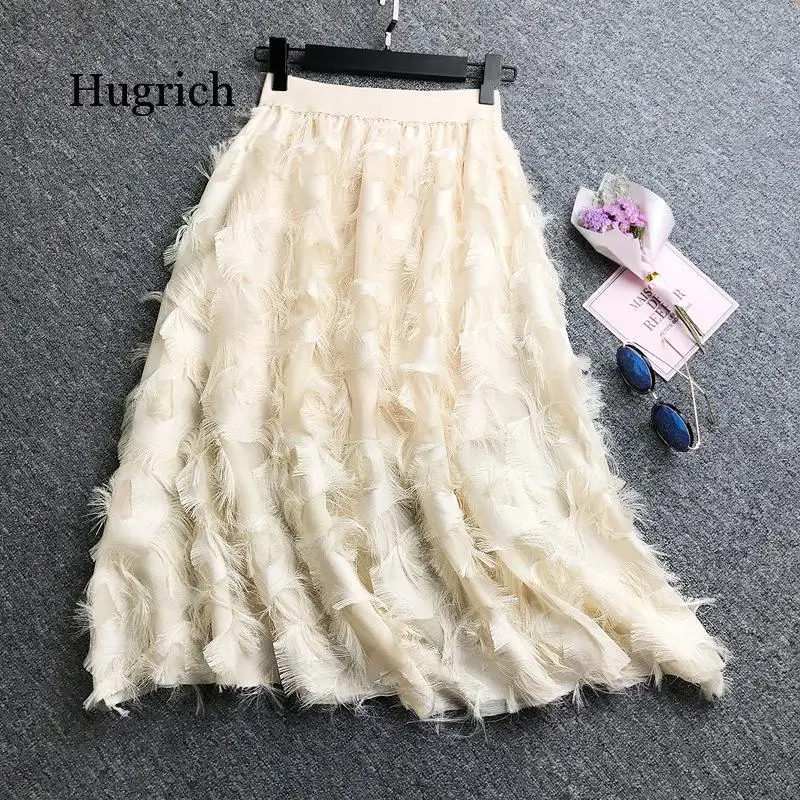 Women Pleated Fashion Feather Tassel Pleated High Waisted Elastic Women Casual Party Skirt
