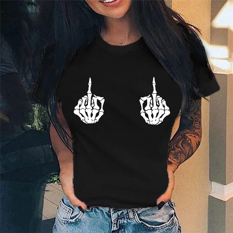 Summer New Fashion Middle Finger Chest  Graphic Printed  Round Neck  T Shirt  Casual Simple Women Tee Tops off white t shirt Tees