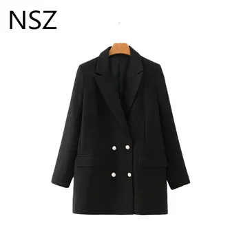 

NSZ women black boyfriend style elegant double breasted formal blazer ladies work office business suit jacket coat outwear Fall