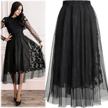 

2020 New Arrival Ladies Skirts Knee Length Cotton Fashion Women Spring High Elastic Waist Dot Mesh Pleated Skirt faldas de mujer