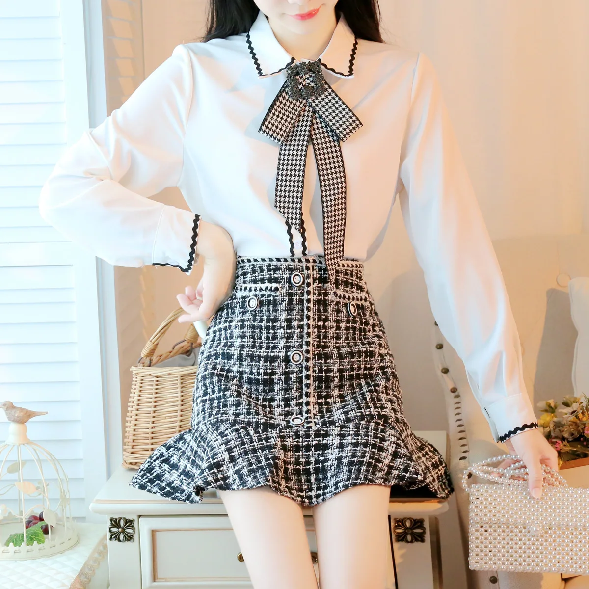 

2019 Autumn New Style Peter Pan Collar Graceful Chiffon Shirt Tweed Fishtail Skirt Two-Piece Set-Style Set