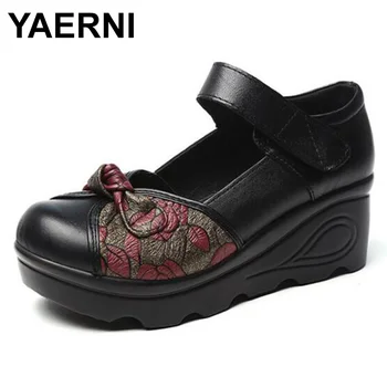 

YAERNI Summer Pumps Ethnic Style Retro Shoes Woman Genuine Leather Wedge Shoes Middle Ages Shallow Women Pumps Rubber Sole
