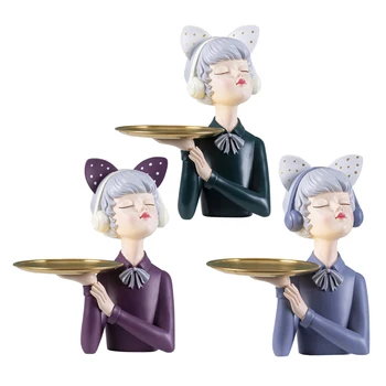 

Resin Girls Figurine Statue Decorative Metal Plates Drinks Display Serving Tray