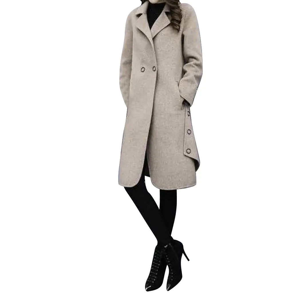 Women Outerwear Overcoat Autumn Winter Jacket New Fashion Long Woolen Coat Women Long Sleeve Slim Solid Female Wool Coats#108 - Цвет: KH