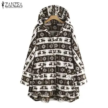 

ZANZEA Women Hoodies Deer Printed Fleece Coat Winter Christmas Cardigan Jumper Long Sleeve Plush Fluffy Jackets Warm Outwear