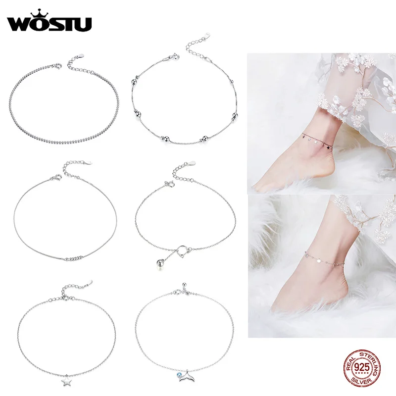 WOSTU Simple Style Barefoot Sandal Anklet Chain 925 Sterling Silver Anklet Beaded Foot Jewelry For Women Anklets Gifts FIT002 WOSTU Simple Style Barefoot Sandal Anklet Chain 925 Sterling Silver Anklet Beaded Foot Jewelry For Women Anklets Gifts FIT002
