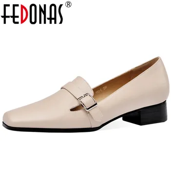 

FEDONAS Newest Pumps Women Spring Summer Genuine Leather Basic Party Office Shoes Woman Metal Buckle Square Toe Shallow Pumps