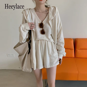 

Summer tracksuits womens two peices set t-shirts Hooded Thin Sweatshirt Elastic Waist Short Casual Set 2020 NEW