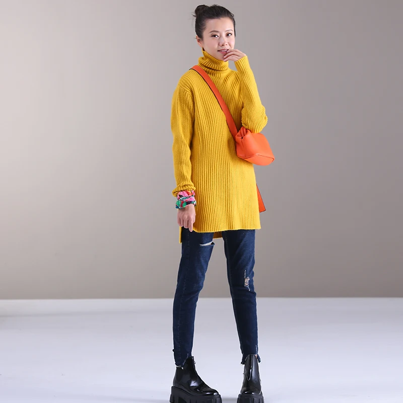 M9528 художественный стиль нить тонкий вязаный Водолазка женская - Цвет: yellow