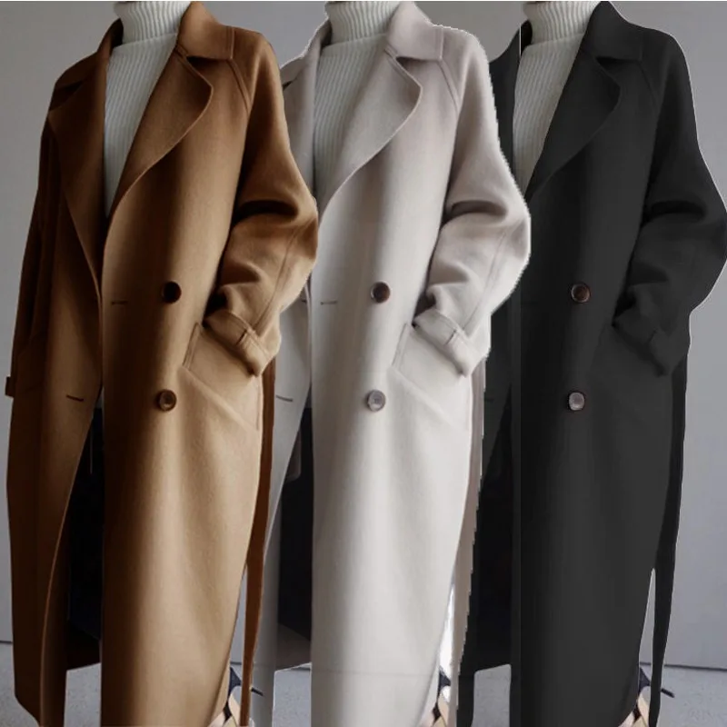

Women Winter Coat Wool 2020 Autumn Winter Elegant Casual Warm Coats with Belt Chic Outerwear Long Jacket Female Oversize