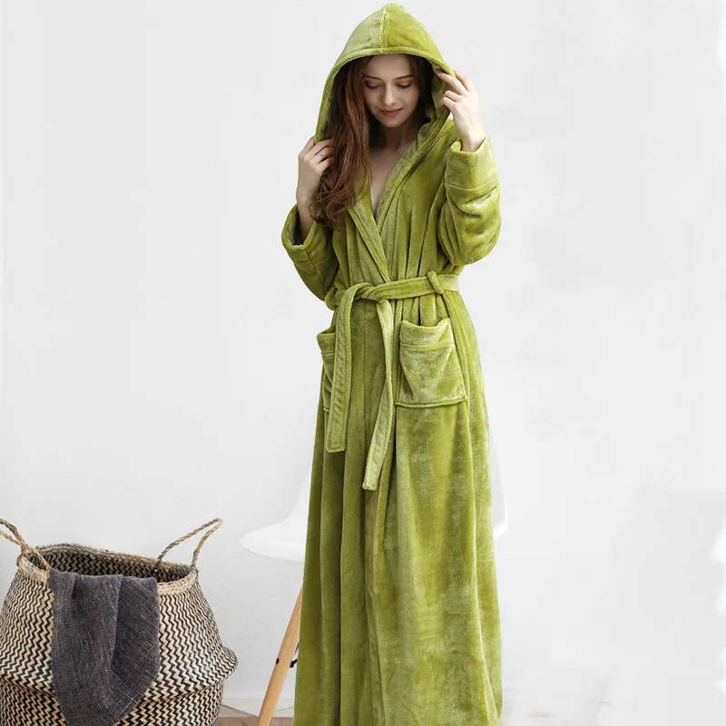 women hooded green Женский мужской зимний фланелевый Халат размера плюс, удлиненный теплый Халат с капюшоном для влюбленных, толстое кимоно, банный халат, мужской халат, халаты - Цвет: women hooded green