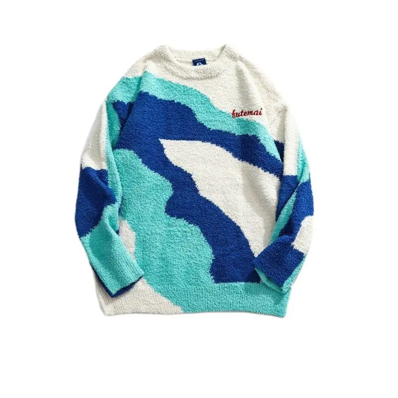 2021 Stylish Color Block Letter Embroidery Hip Hop Men Vintage Knitted Sweater Casual Women Pullover Lounge Wear Korean Clothes | Мужская