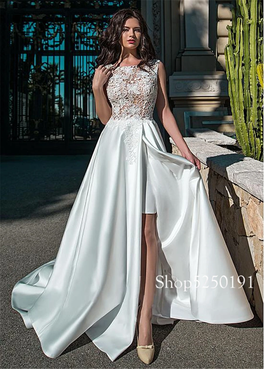 Изысканное кружевное/атласное свадебное платье трапециевидной формы с вырезом и карманами, с разрезом спереди, свадебное платье vestido de novia desmontable