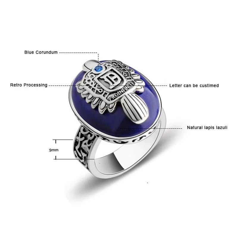 Real S925 Pure Silver Vampire Diaries Rings 2022 Trend Lapis lazuli Wide Version Domineering Wave Of Men's Rings Custom Letters
