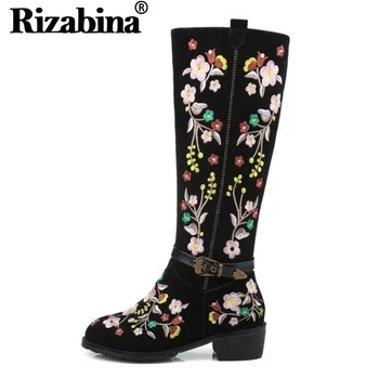 

RIZABINA Size 33-46 Women Real Leather High Heel Boots Embroidery Zipper Long Boot Warm Fur Shoe Winter Boot Woman Footwear