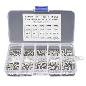 

260Pcs/Set Stainless Steel Wood Screws Hex Head Socket Hex Set Grub Screw Assortment Cup Point
