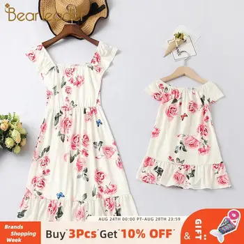 

Bear Leader Girls Summer Sleeveless Floral Print Dress Family Matching Outfits Girls Ruffles Fashion Clothes Princess Dress Suit