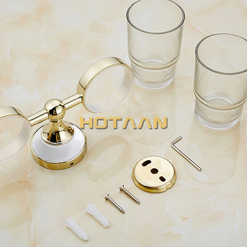 Gold Color Tumbler Holders Double Glass Cup Holders Wall-mount Toothbrush Tooth Cup Bathroom Accessories Fittings