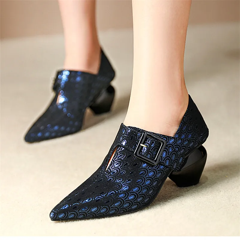 

2020 Spring Autumn New Fashion Elegant Pointed Toe Strange Heeled Women Pumps Print SheepSkin Office Lady Shoes Woman