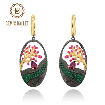 

GEM'S BALLET 925 Sterling Silver Stream Flowers Enamel Drop Earrings for Women Jewelry 0.56Ct Natural Rhodolite Garnet Earrings