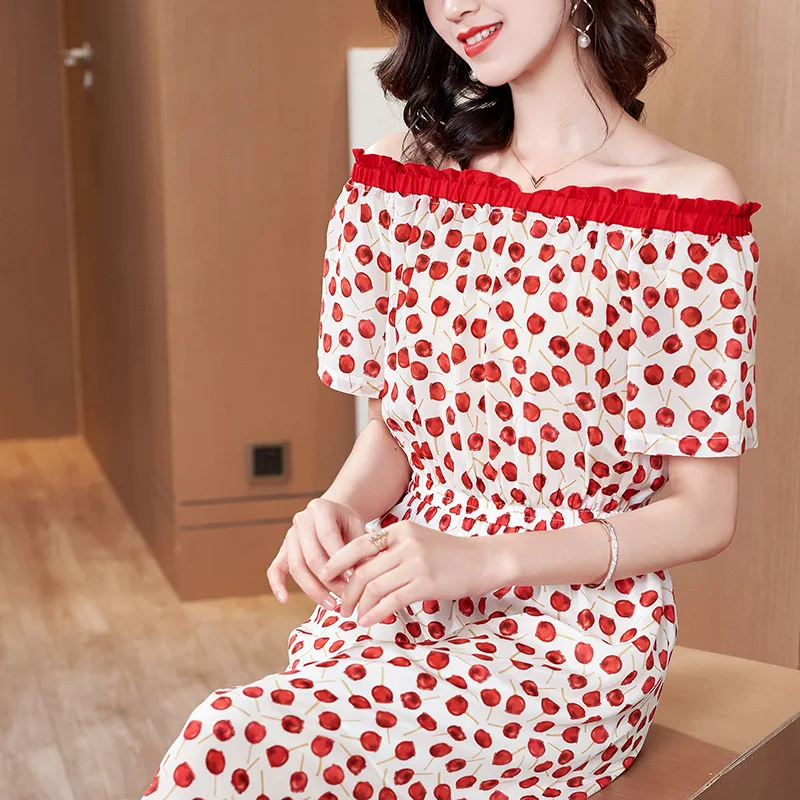 White Red Polka Dot Floral Silk Crepe 