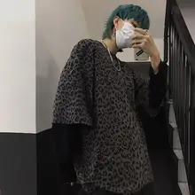 T shirt noir foncé pour hommes et femmes, hip hop, ample, imprimé léopard, deux hauts surdimensionnés, grande taille, T shirts à manches longues, Harajuku 