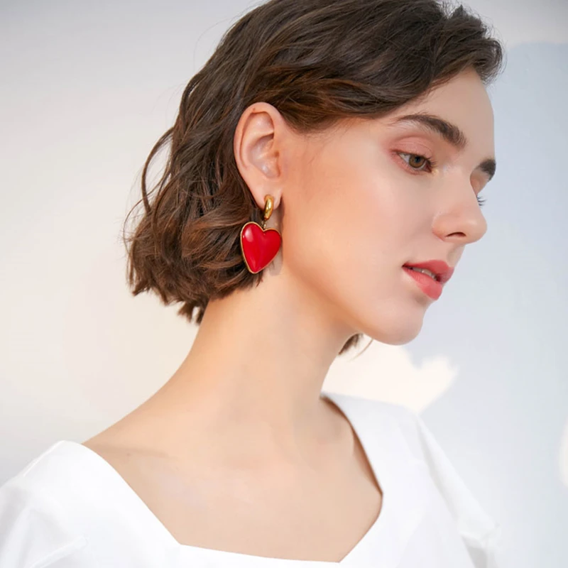 AOMU Vintage Lovely Exaggeration Red Heart Pendant Earring S925 Sterling Silver Pin Drop Dangle Earring For Women Jewelry Set