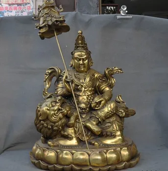 

Tibetan Buddhist brass copper Vaishravana Treasure King Buddha on Lions Statue