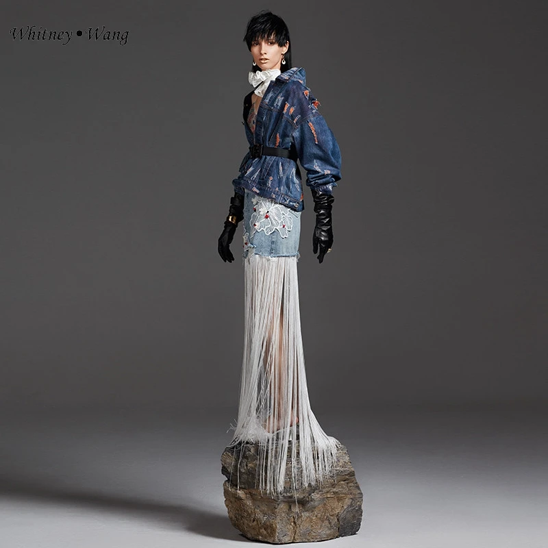 WHITNEY WANG весна лето мода уличная дизайнерская стильная кружевная вышивка длинная джинсовая юбка с бахромой женские джинсовые юбки - Цвет: Синий