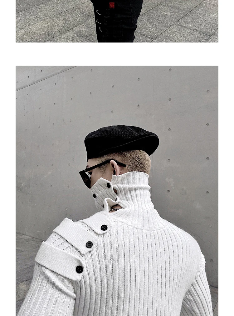 Men Turtleneck Sweater Pullover Casual Solid Color Slim Cargo Button Knitted Sweater High Street Designer Winter Warm Sweaters