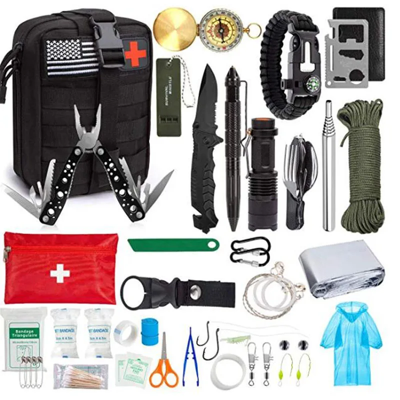 Черный 47 в 1 аварийный набор для выживания, аптечка для выживания, SOS, тактический инструмент, фонарик, нож с мешочком Molle для кемпинга, приключений - Цвет: Черный