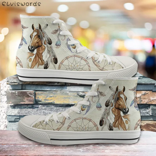 ELVISWORDS 3D Painting Horse Black High Top Women Casual Canvas Shoes Womens Vulcanize Flats Shoes Spring Woman Girls Sneakers gray